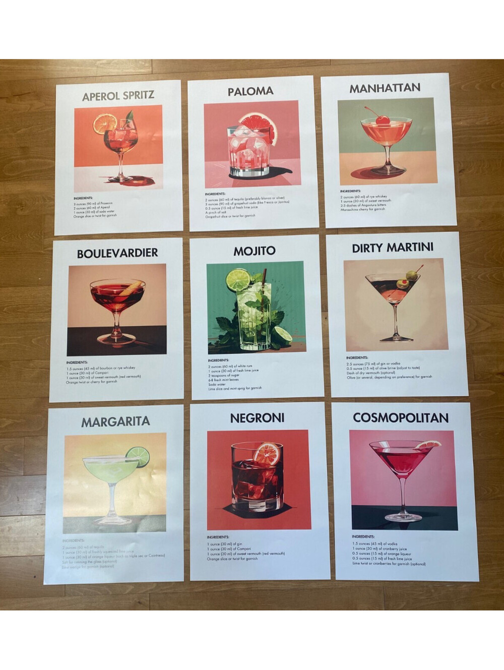9 posters vintage look of cocktails recipes 16 x 20 on quality paper